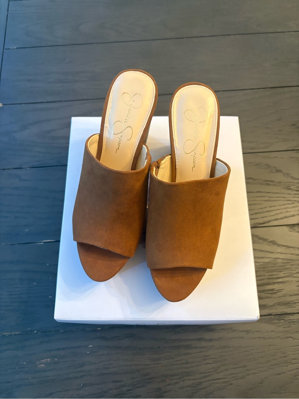 Jessica Simpson Brown Suede Open-Toe Mule Heels